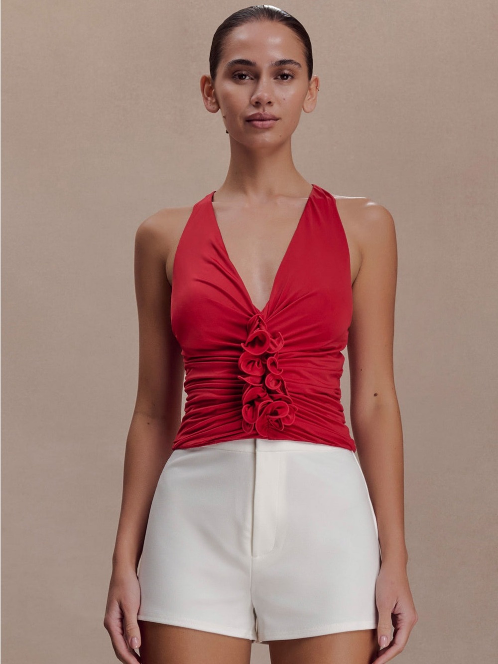 Meshki Red Halter Slinky Ruffled Top